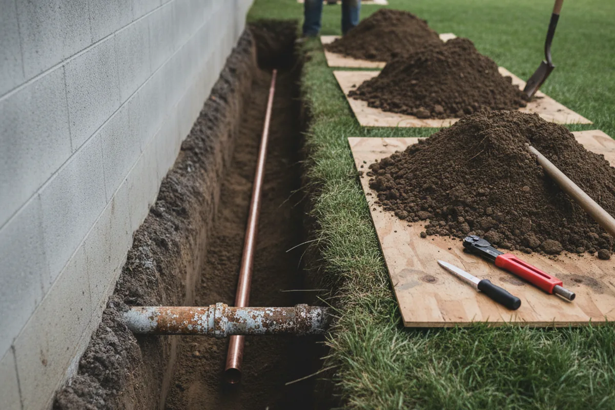 Excavated water line trench during Sewer Line Repair in Newsoms